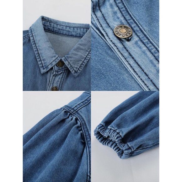 Women's Denim Dress X-Small Casual Long Puff Sleeves Button A-Line - Picture 5 of 8